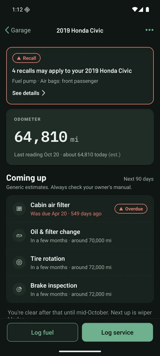 A vehicle dashboard: a recall alert, the odometer and what's coming up