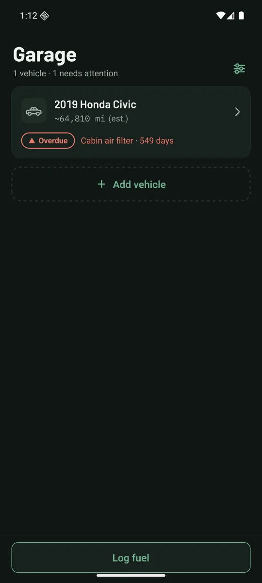 The Garage: each vehicle with its most urgent item