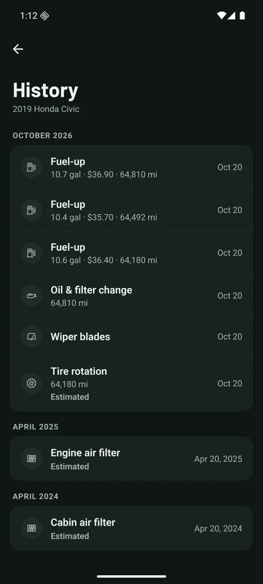 History: every service and fill-up, with receipts marked Verified