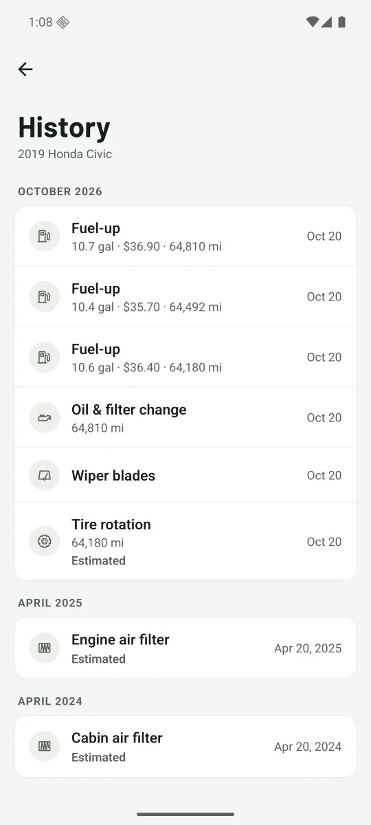 History: every service and fill-up, with receipts marked Verified